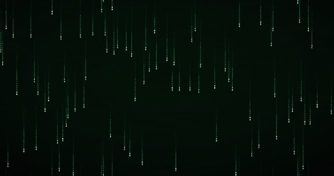 Hexadecimal code symbols fall in a phosphor green matrix rain animation, creating a deep mainframe atmosphere.