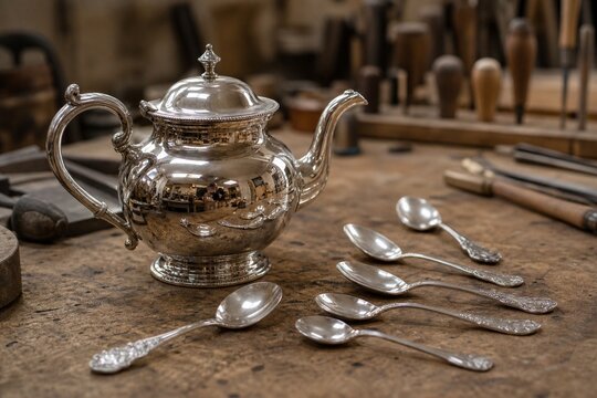Polished silver teapot and teaspoons on a craftsman's wooden workbench.