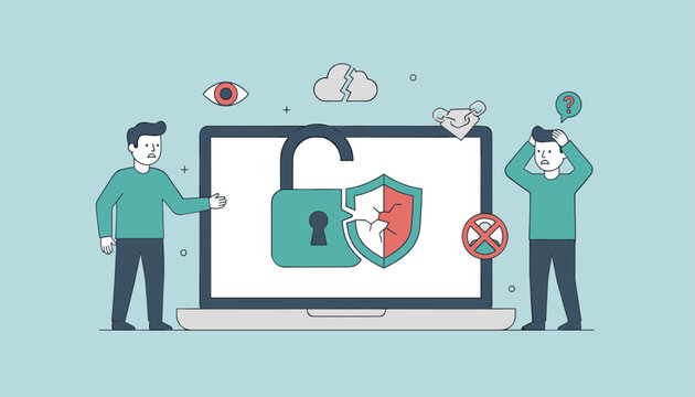 Two shocked computer users worry about a severe cybersecurity breach showing a broken shield and open padlock.
