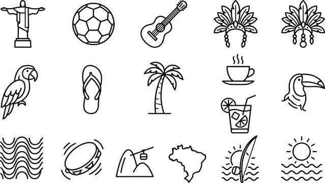 Vector linear icons for Brazilian tourism concepts rio de janeiro attractions exotic wildlife and summer vacation