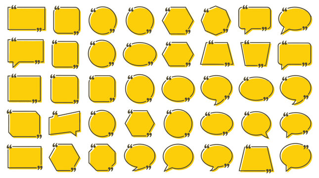 A comprehensive collection of vibrant yellow speech bubbles and quote boxes in diverse shapes with bold black outlines and quotation marks.