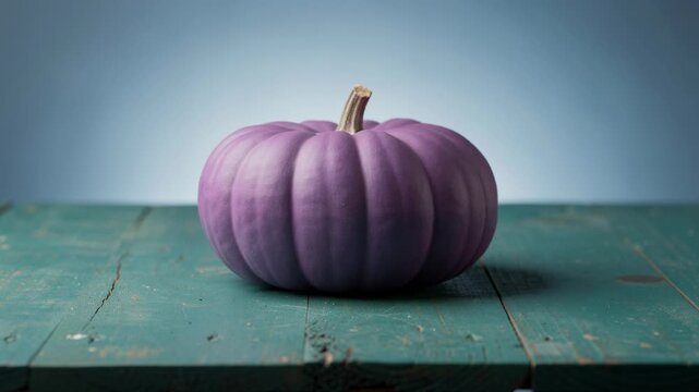 Vibrant purple pumpkin slowly spinning on rustic teal wooden table with soft natural lighting