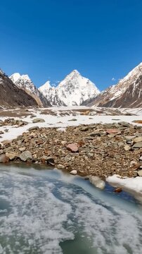 K2 mountain peak, second highest mountain in the world, K2 trek, Pakistan, Asia. Vertical video.