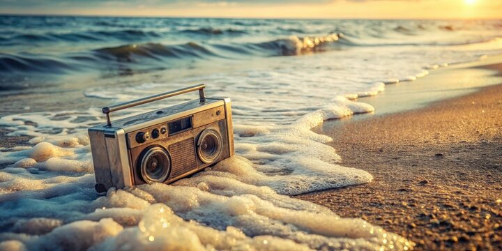 Vintage tape recorder partially submerged in sea foam