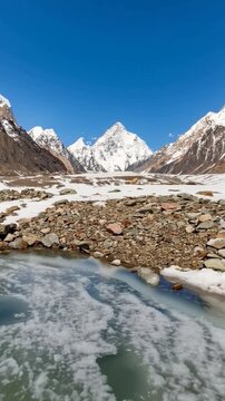 K2 mountain peak, second highest mountain in the world, K2 trek, Pakistan, Asia. Vertical video.
