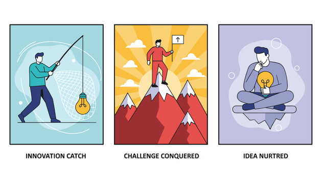 Multi panel illustration showing concepts of catching innovation, conquering challenges on mountain peaks, and nurturing creative ideas.