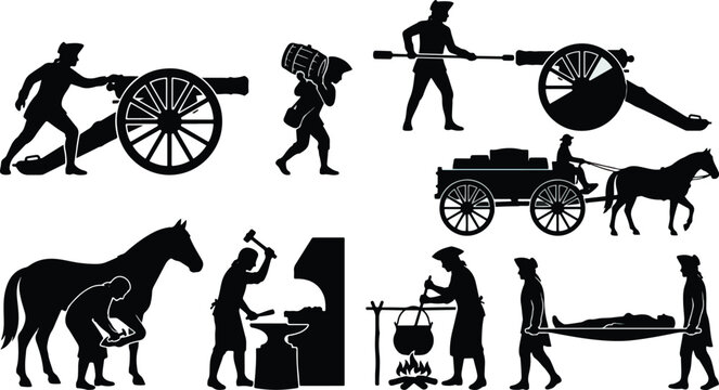 Historical Military Camp Life Silhouette Icons Set with Cannons Soldiers Blacksmith and Horse Cart