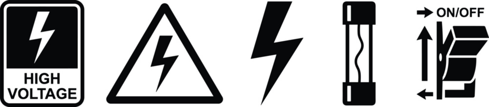 Electrical Safety and High Voltage Black Warning Icons Set with Lightning Bolt Triangle Sign and Fuse