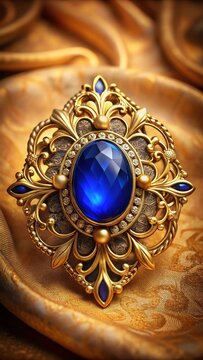 Ornate gold brooch featuring a deep blue gemstone surrounded by intricate filigree details