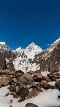 K2 mountain peak, second highest mountain in the world, K2 trek, Pakistan, Asia. Vertical video.