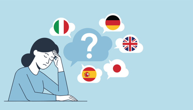Stressed woman feeling confused while trying to choose which foreign language to learn with different country flags around her.