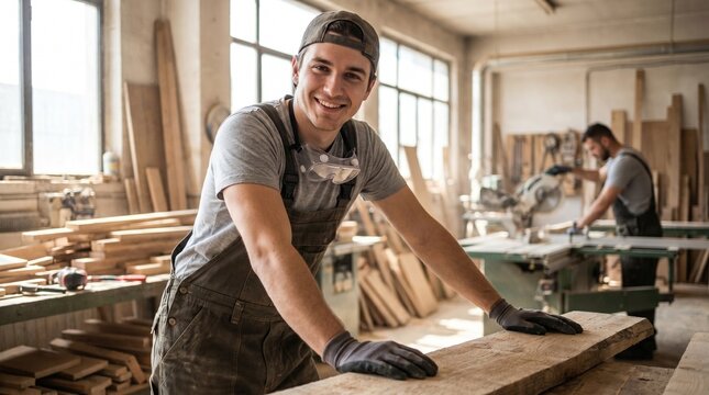 Smiling young male carpenter wearing protective work overalls and gloves leaning on wooden plank inside busy workshop with colleague working in background