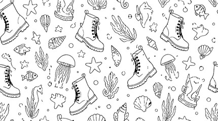 Fototapeta premium Detailed line art of boots and sea creatures pattern.