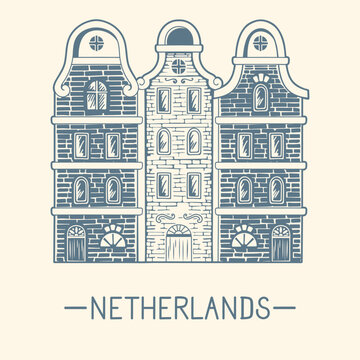 Monochrome narrow Netherland houses isolated on plain background. Hand-drawn graphic element. Historic Amsterdam architecture.
