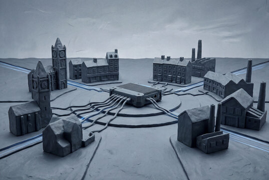 Clay Model Town Connected to Central Network Hub