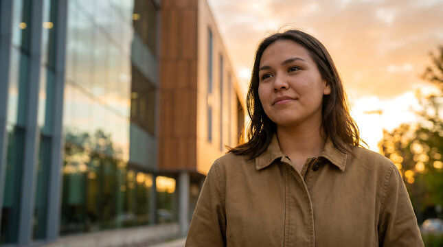Young woman outdoors at sunset, modern building background. A back to school advertising concept, ample copy space.