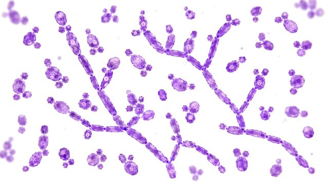 Candida albicans Gram Stain Microscopy Showing Budding Yeast Cells and Pseudohyphae on White Background