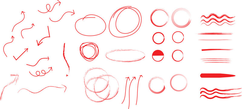 Hand-drawn pen line highlight set. Collection of different brushstrokes, underline, arrow. Bright red scribble ovals circle and highlight. -stock vector