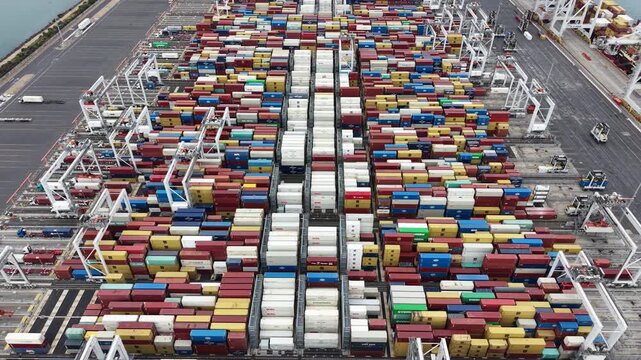 Aerial view of a container terminal unloading a ship
