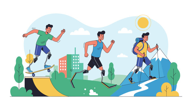 Disabled men with prosthetic leg bionics enjoying active sports like skateboarding running and mountain hiking.