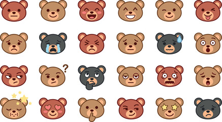 Fototapeta premium Teddy bear emoji stickers vector icon set showing diverse facial expressions and various child emotions