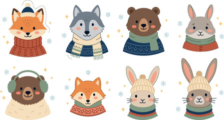 Naklejka premium Cute winter forest animals sticker set featuring fox wolf bear and rabbit in cozy sweaters