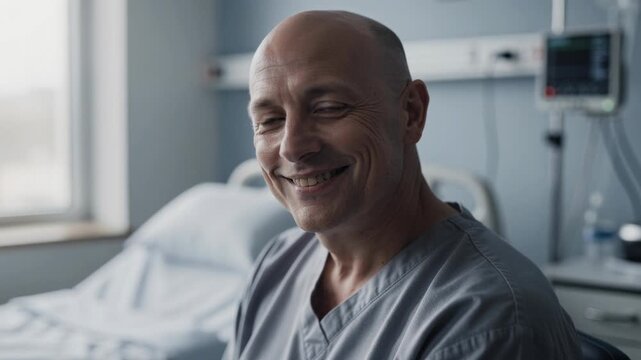 Hopeful patient smiling gently in hospital room during recovery and healing process