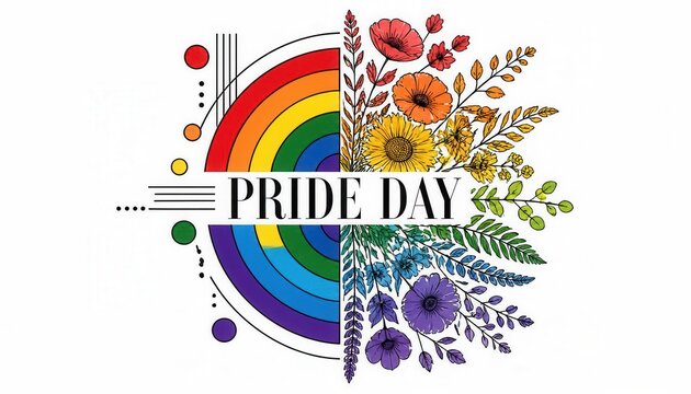Vibrant Pride Celebration: A circular design symbolizes Pride Day, combining abstract rainbow elements with floral motifs in a spectrum of colors, representing diversity and inclusion.