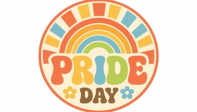 Retro Pride Day Emblem: A vibrant, circular emblem featuring a stylized rainbow and the words Pride Day in a groovy, retro font, adorned with small flower accents, symbolizing love and inclusivity.