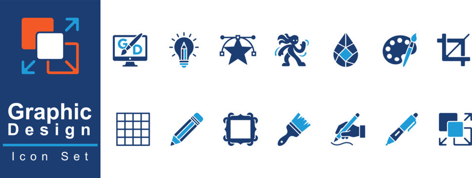 Graphic Design and Vector Artwork Vector Icon Collection: Pen Tool Vector Star, Computer Graphic Software, Color Palette Brush, Image Crop, and Sketch Pencil Icons Set