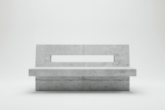 A minimalist bench made of gray textured concrete with a rectangular cutout in the backrest, isolated on a plain white studio background