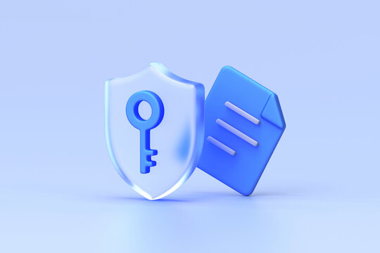 Glassmorphism icon set showcasing frosted shield with blue key and adjacent blue document, symbolizing secure data access and verification