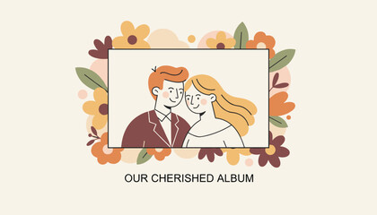Fototapeta premium Romantic portrait of a happy wedding couple inside a frame decorated with colorful flowers for a cherished album.