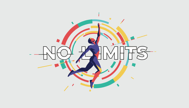Athletic person jumps high through a colorful circular target with text no limits representing freedom and potential.
