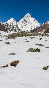 K2 mountain peak, second highest mountain in the world, K2 trek, Pakistan, Asia. Vertical video.