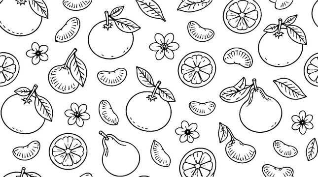 Hand drawn citrus fruits and leaves pattern design.
