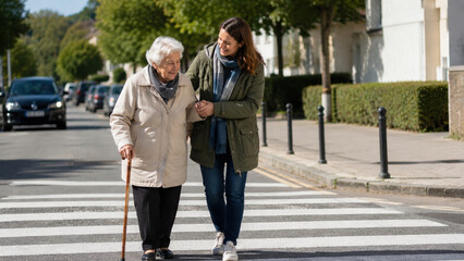 Obraz premium Young woman assisting elderly woman across crosswalk