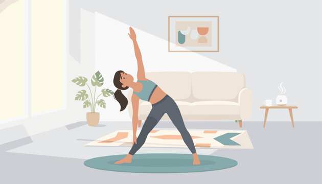 Active young woman practices a yoga triangle pose on a mat in her bright and cozy modern living room.