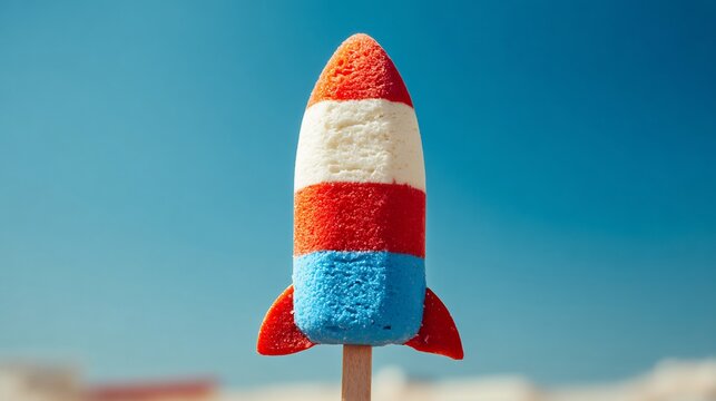 Creative rocket shaped ice cream popsicle with red white and blue stripes on blue sky background