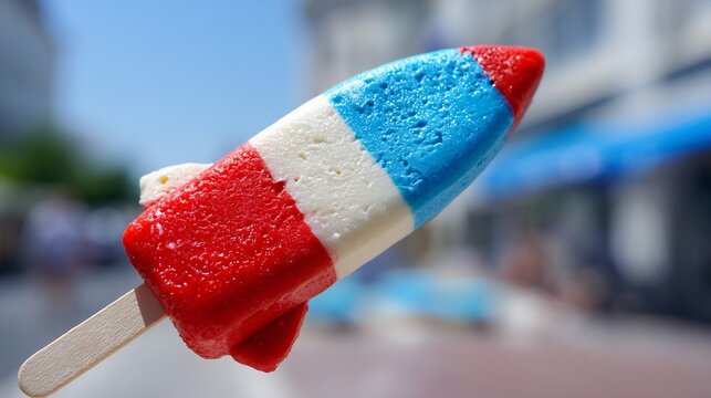 Close up of a colorful rocket shaped frozen popsicle treat held against a blurred outdoor background
