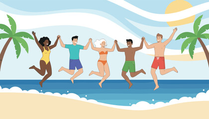 Obraz premium Group of five diverse young friends in colorful swimwear holding hands and jumping with joy on a sunny tropical beach.