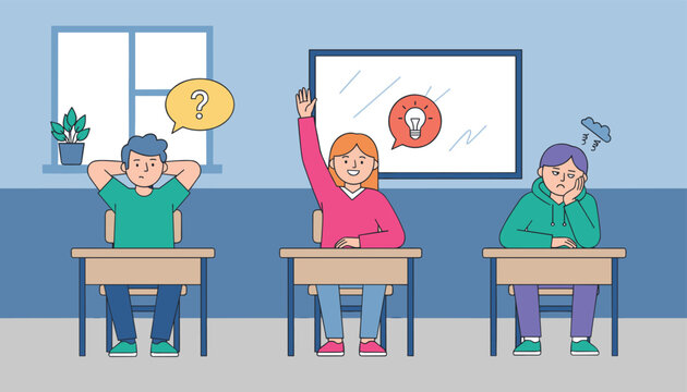 Three diverse school students exhibiting different emotions of confusion, inspiration, and boredom at their desks.