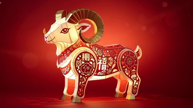 Beautifully illuminated paper goat lantern with intricate floral patterns glowing at night