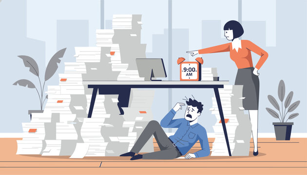 Stressed office worker hiding under his desk from a mountain of paperwork while his boss points at a deadline clock.