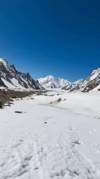 K2 mountain peak, second highest mountain in the world, K2 trek, Pakistan, Asia. Vertical video.