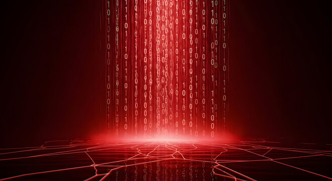 Abstract red binary code flowing down like a digital waterfall onto a cracked digital surface, representing data transfer or a system breach