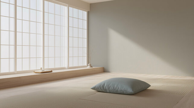 Minimal Japanese tatami room with floor cushion and soft light