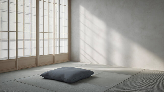Minimal Japanese wellness room with floor cushion and shoji light