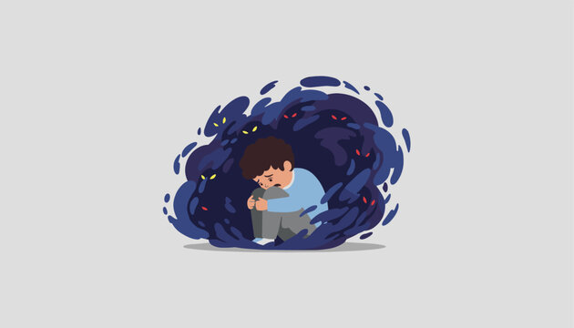 Depressed young boy sitting alone and huddled inside a terrifying dark cloud of shadows with glowing eyes.