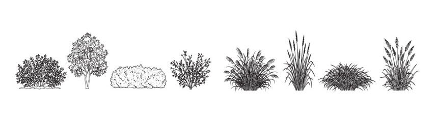 Fototapeta premium Landscape Bush Silhouettes Vector Set Garden Shrub Collection